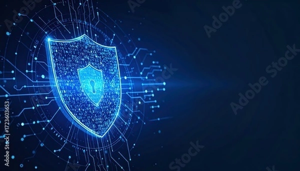 Fototapeta A digital shield with a padlock, surrounded by glowing circuits, represents cybersecurity and data protection on a dark blue background.