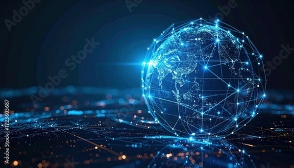 Fototapeta Futuristic world globe connected by digital network, symbolizing global communication and technological advancement with bright blue lights shining