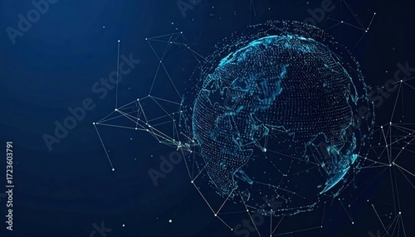 Fototapeta Digital globe shows global network connections with data nodes interconnected with white lines and dots on a dark blue gradient background.