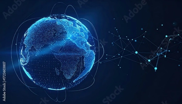 Fototapeta Digital earth globe with network connections represents global communication and technological advancements in a modern world map environment.