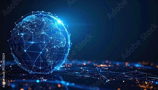 Fototapeta A glowing digital earth floats above a network of connected lights representing global communications and technological advancement worldwide.