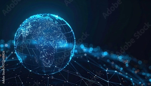 Fototapeta Glowing digital Earth globe with interconnected network connections representing global communication in a modern technological world background.