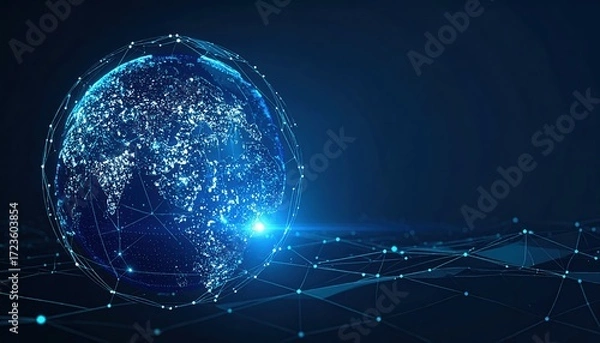 Fototapeta Digital earth glows with interconnected nodes and lines, representing global network connectivity and technological advancement realistically.