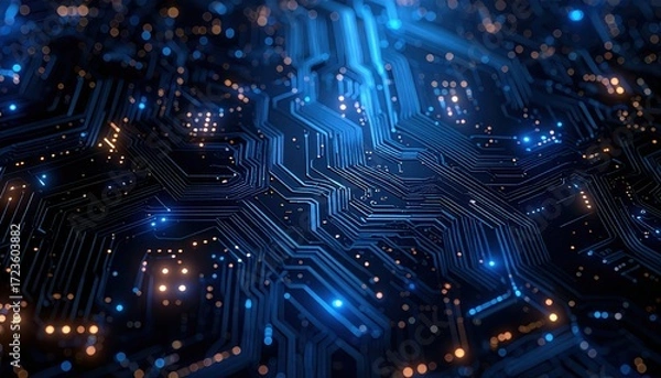 Fototapeta Intricate motherboard design shows complex network of illuminated blue and gold pathways in close-up technology enginee display.