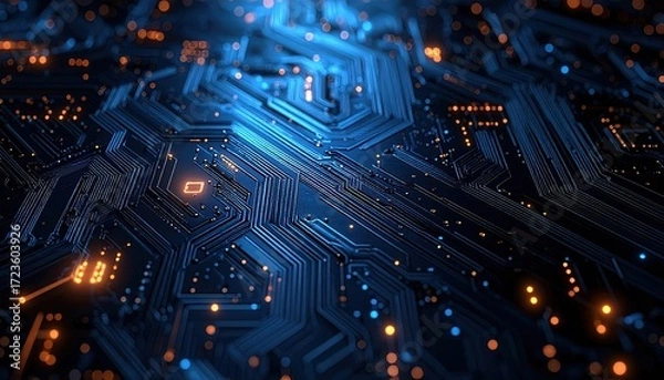 Fototapeta Intricate network of illuminated blue and orange circuits on a futuristic motherboard showcase advanced technology in hardware design.