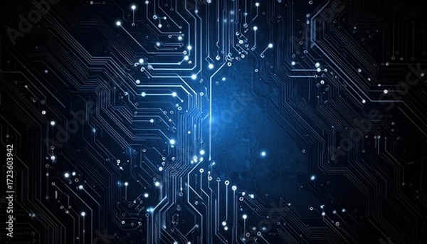 Fototapeta An intricate network of glowing blue digital circuits conveys advanced technology and the flow of information in a dark electronic landscape.