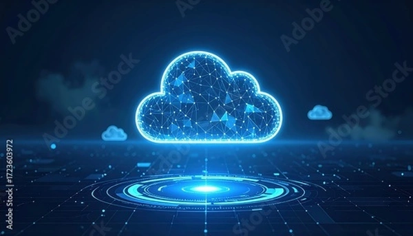 Fototapeta Digital cloud network connects through cyberspace, symbolizing data transfer and innovative information storage technology in a modern era.