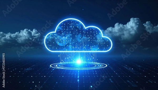Fototapeta Futuristic cloud computing concept with glowing blue lines and connections against a backdrop of white clouds and a dark blue horizon line.