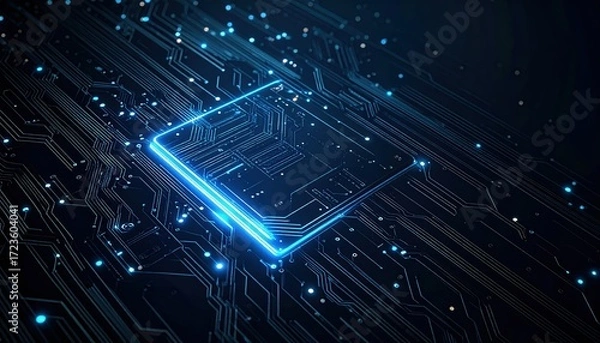 Fototapeta An illuminated central processing unit is seen close up with glowing light across the dark surface of a complex motherboard circuit board.