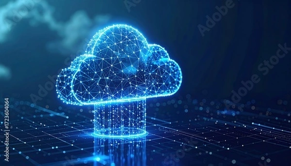 Fototapeta An illuminating digital cloud computing design represents a network connection with vibrant blue light against a dark technological background.