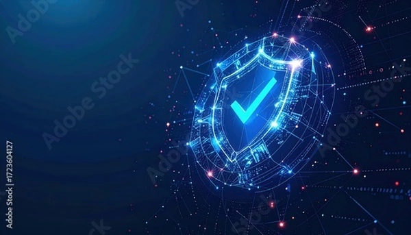 Fototapeta Glowing digital shield with checkmark represents secure cybersecurity network protection for reliable data privacy and information safety system.