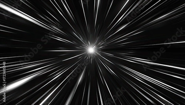 Obraz Abstract grayscale image depicting a radiant burst of light streaking outwards from a central point against a black background, suggesting speed and movement