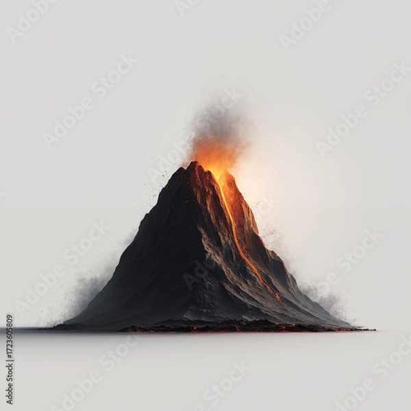 Fototapeta Volcano eruption with dramatic lava flow and smoke clouds against gray sky, natural disaster and geological phenomenon