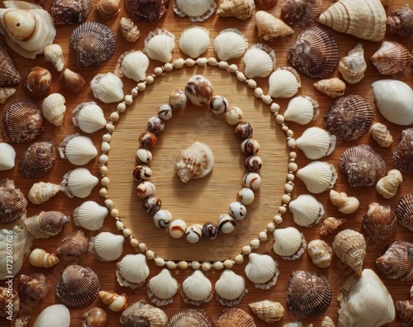Fototapeta Circular arrangement of seashells and beads on a light-brown wooden surface