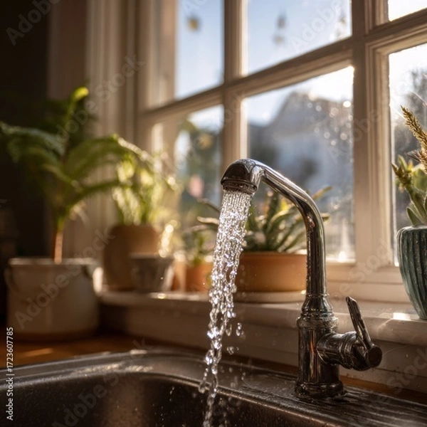 Fototapeta Water flowing from a kitchen faucet by a window