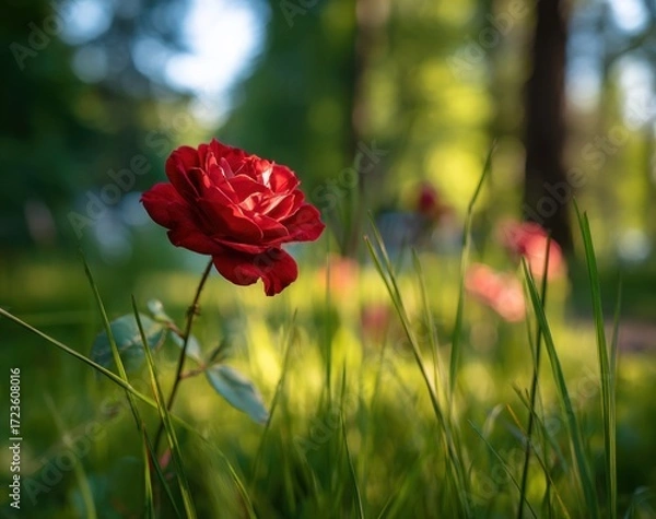 Fototapeta A vibrant red rose in a grassy garden setting
