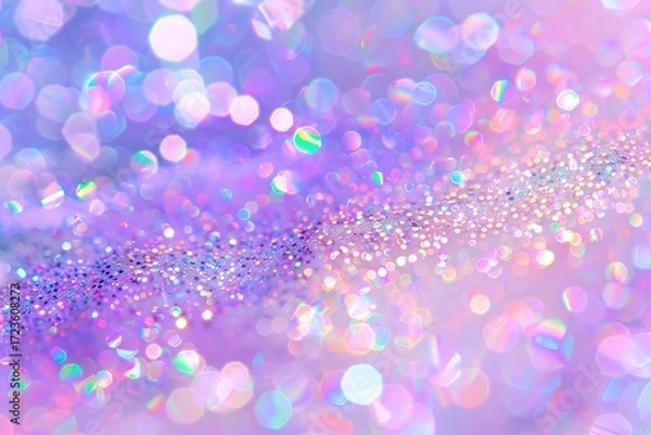 Obraz An abstract image featuring a shimmering, iridescent glitter trail across a pastel purple and pink bokeh background. The glitter displays various rainbow hues