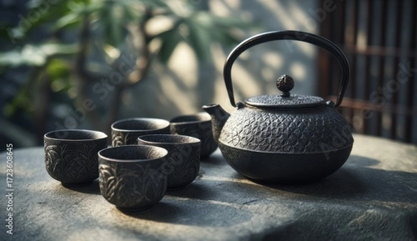 Fototapeta Dark tea set on a stone table, surrounded by greenery