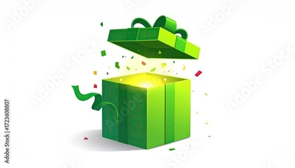 Fototapeta An open green gift box radiates a warm glow, confetti bursts from within, against a white backdrop.  A green ribbon adds to the festive feel