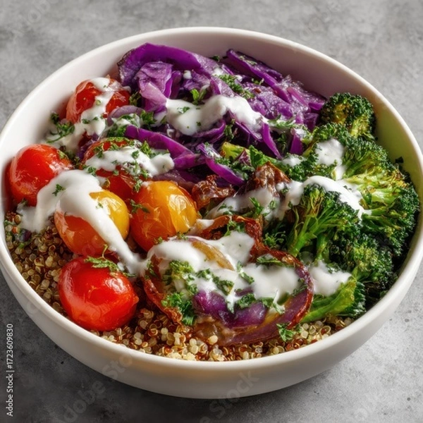 Fototapeta Healthy bowl of quinoa with roasted vegetables and a creamy dressing