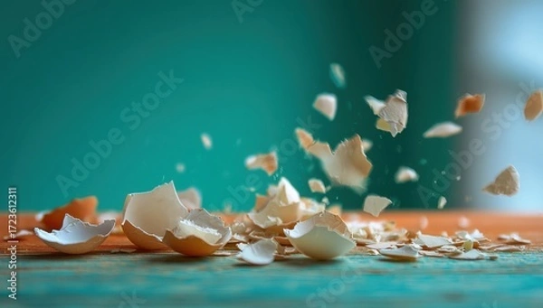 Fototapeta Broken egg shell fragments scattered on a table
