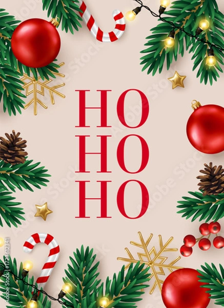Fototapeta Merry Christmas Happy New Year poster, red 3d baubles, fir tree branches, candy cane, lights. Vector illustration. Winter holiday frame menu background template. Xmas ho ho ho card. Noel icon pattern