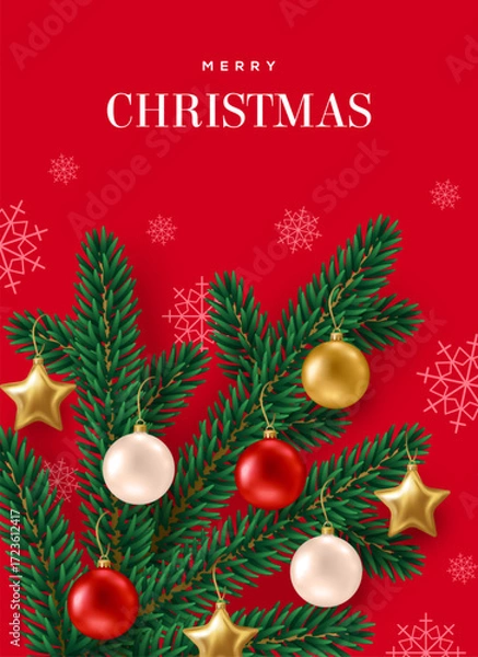Fototapeta Merry Christmas Happy New Year poster, 3d bauble decoration hanging on fir tree branch, gold stars toy. Vector illustration. Holiday red background. Xmas 2026 Eve Party card template. Place for text