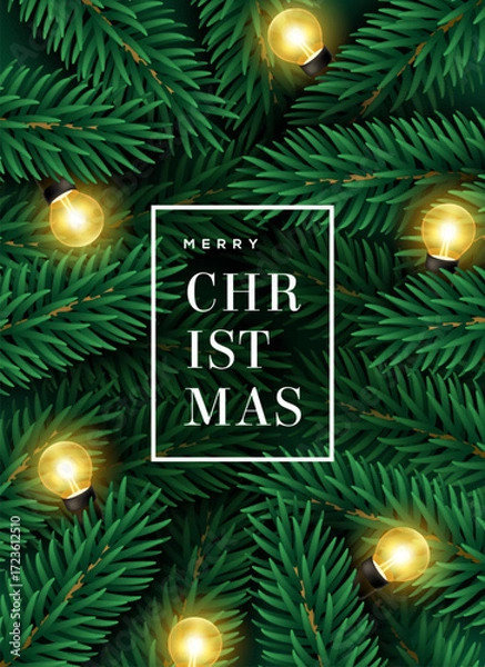 Fototapeta Merry Christmas poster with fir tree branches and retro 3d light bulb lamps. Vector illustration. Place for text. Happy New Year 2026 background. Pine green texture, vintage border frame, gift card