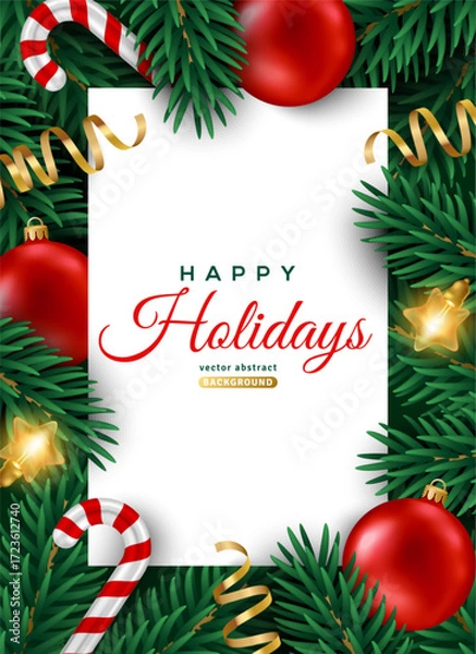 Fototapeta Merry Christmas Happy New Year poster, red 3d baubles, fir tree, candy cane, lights. Vector illustration. Winter holiday menu background template. Xmas confetti ribbon, Eve Noel card. Place for text.
