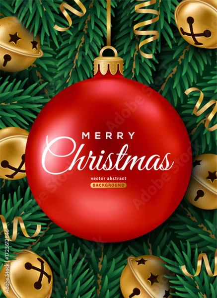 Fototapeta Merry Christmas New Year poster, red 3d bauble ball, fir tree branch texture, gold jingle bells, confetti. Vector illustration. Holiday frame background. Xmas decoration Eve Noel card. Place for text
