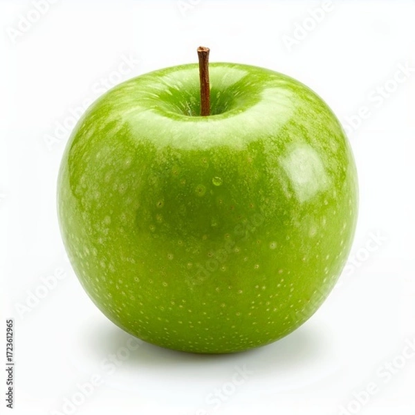 Fototapeta Bright green apple featuring a vibrant stem presented on a crisp white backdrop