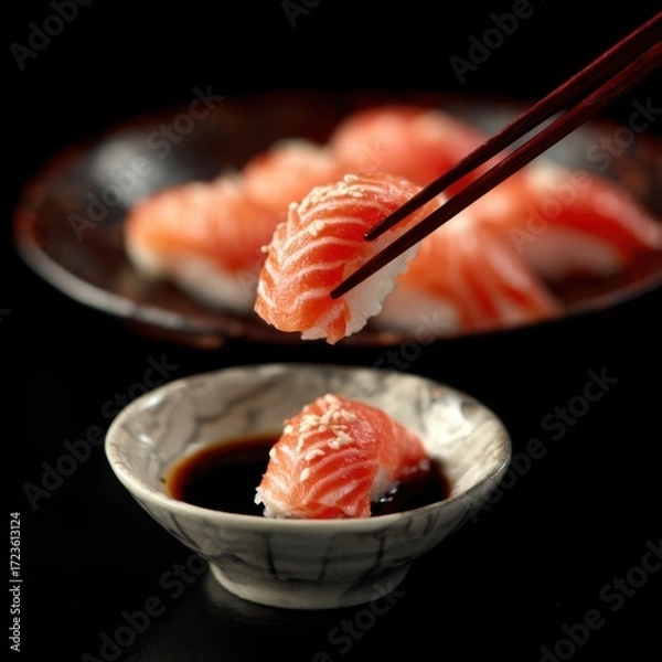 Fototapeta Salmon nigiri sushi being picked up with chopsticks