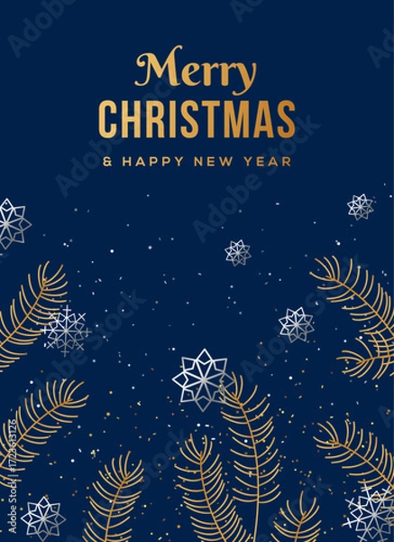 Fototapeta Merry Christmas vertical postcard. Vector illustration. Noel holiday flyer banner template. Xmas poster, fir tree branch. Snowflake gold silver border frame. 2026 Happy New year party festive card