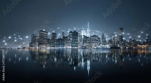 Fototapeta Night cityscape with digital network overlay