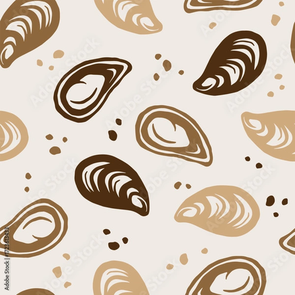 Fototapeta Oyster Mussels shells seamless pattern. Vector illustration. Retro line drawing background for menu design, seafood restaurant icon. Sea clam, beach food sketch. Vintage italian gourmet dinner