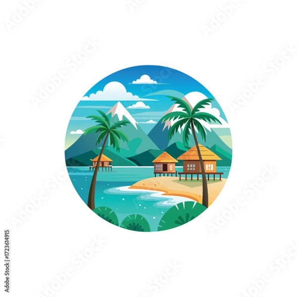 Fototapeta Tropical beach with palm trees, overwater bungalow, turquoise ocean, and mountains in the background, flat vector illustration in vibrant color