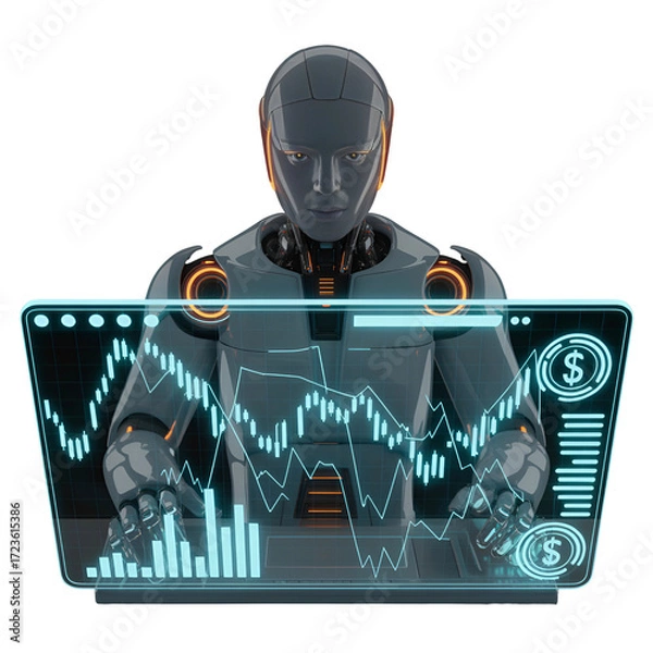 Obraz Robot analyzing financial stock market data on a futuristic holographic display