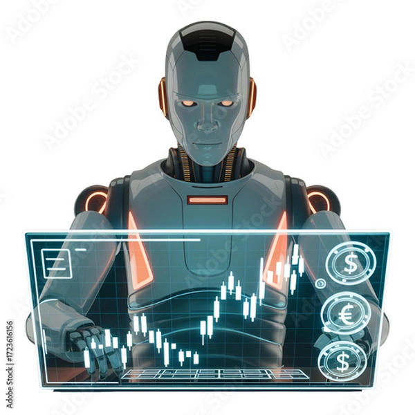 Obraz Futuristic robot analyzing financial data on a holographic interface with stock market charts