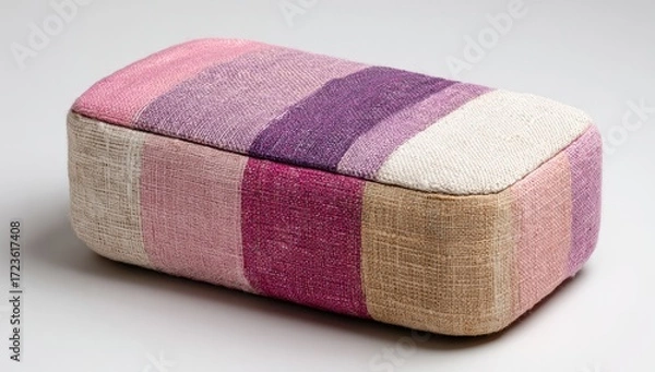Fototapeta Rectangular, padded, fabric-covered stool.  Vibrant pink, purple, and beige stripes.  Studio shot