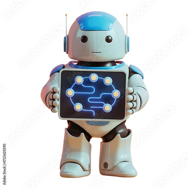 Obraz Cute friendly robot holding a screen displaying a glowing blue digital brain circuit