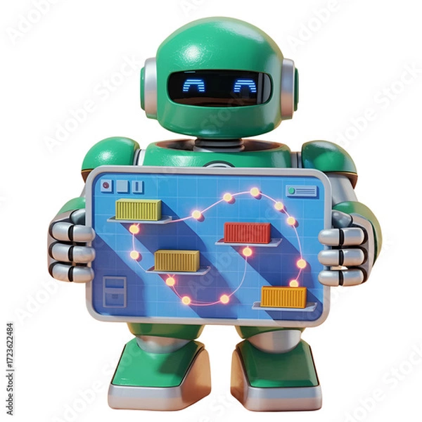 Obraz Cute green robot holding a tablet displaying a circuit board with glowing lights