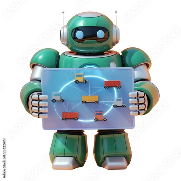 Obraz Friendly green robot holding a digital display showing a circular diagram of vehicles