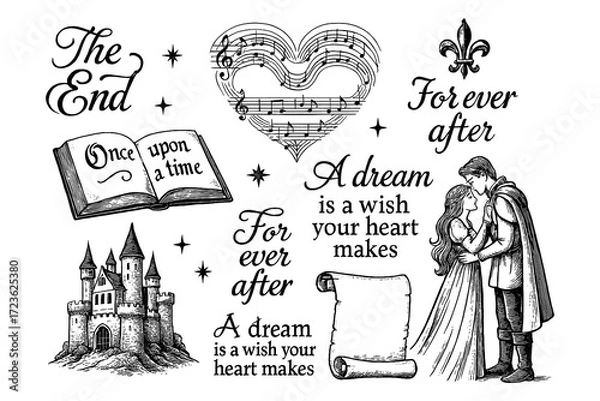 Fototapeta Vintage fairy tale decorative element set with text, princess, and music heart, Transparent Background