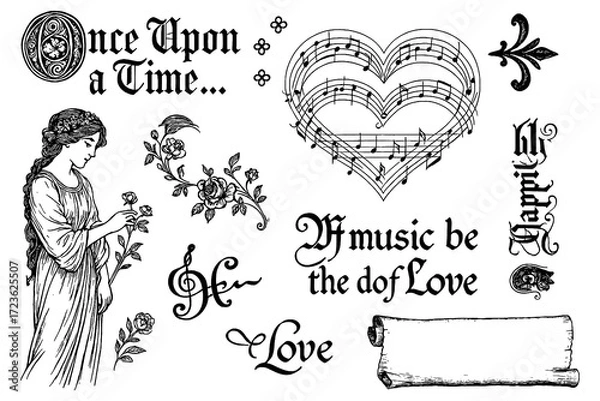 Fototapeta Vintage fairy tale decorative element set with text, princess, and music heart, Transparent Background