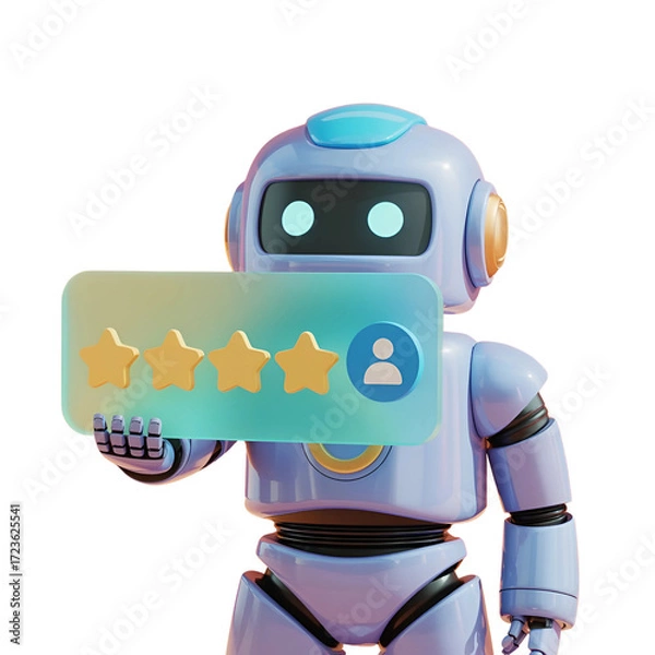 Obraz Friendly robot holding a holographic display showing customer satisfaction rating with stars and user icon
