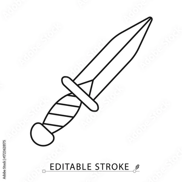 Fototapeta A dagger icon in a minimalist line style with editable stroke. Medieval weapon, fantasy knife, ancient blade, combat sword, knight equipment, gothic battle symbol, assassin game item concept.