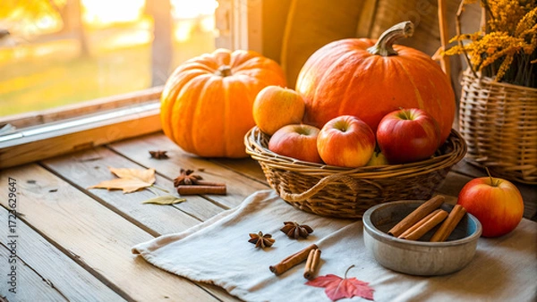Fototapeta Cozy fall harvest flat lay, pumpkins, apples, cinnamon sticks, rustic wooden table, warm sunlight, shallow depth of field, cozy farmhouse style, wide composition with copy space, photorealistic.