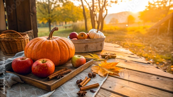 Fototapeta Cozy fall harvest flat lay, pumpkins, apples, cinnamon sticks, rustic wooden table, warm sunlight, shallow depth of field, cozy farmhouse style, wide composition with copy space, photorealistic.