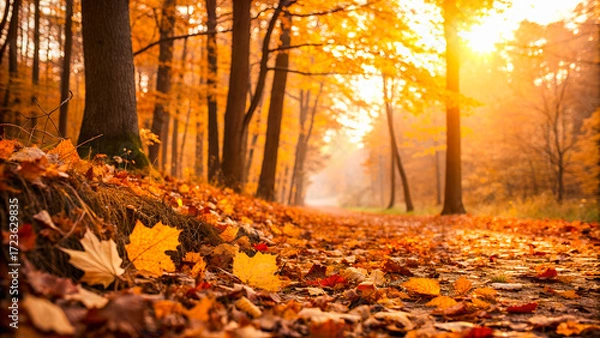 Fototapeta Golden autumn forest background, colorful leaves on the ground, warm sunset glow through trees, dreamy and peaceful atmosphere, soft focus background with space for text.
