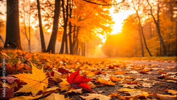Fototapeta Golden autumn forest background, colorful leaves on the ground, warm sunset glow through trees, dreamy and peaceful atmosphere, soft focus background with space for text.